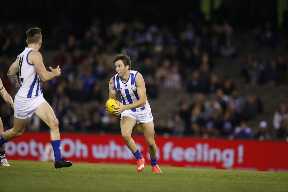 MELBOURNE, AUSTRALIA - JULY 11: Sam Wright of the Kangaroos in action during the 2015 AFL round 15 match between the North Melbourne Kangaroos and the Geelong Cats at Etihad Stadium, Melbourne, Australia on July 11, 2015. (Photo by Adam Trafford/AFL Media)